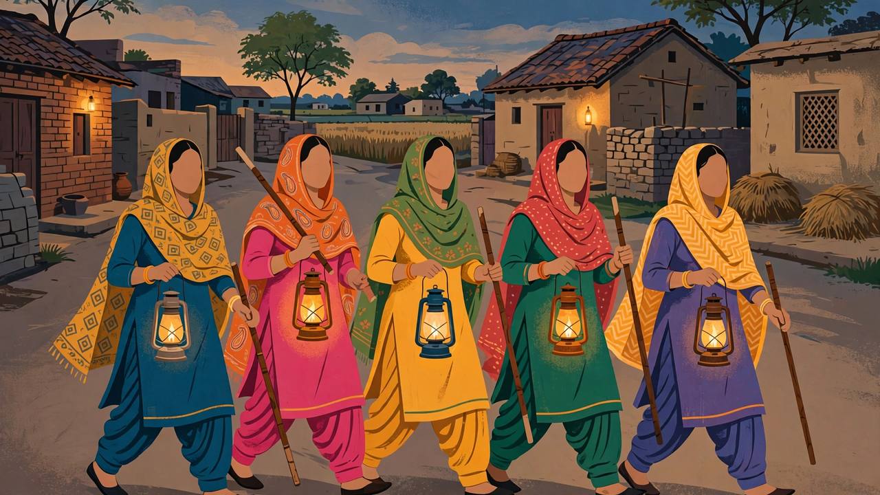 Editorial illustration of Punjabi women on a thikri pehra community night patrol in a village