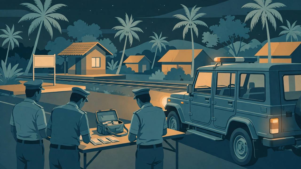 (Editorial illustration) Anti-narcotics officers examining a seized bag and evidence packets beside a police jeep at night in Chirayinkeezhu, Thiruvananthapuram district