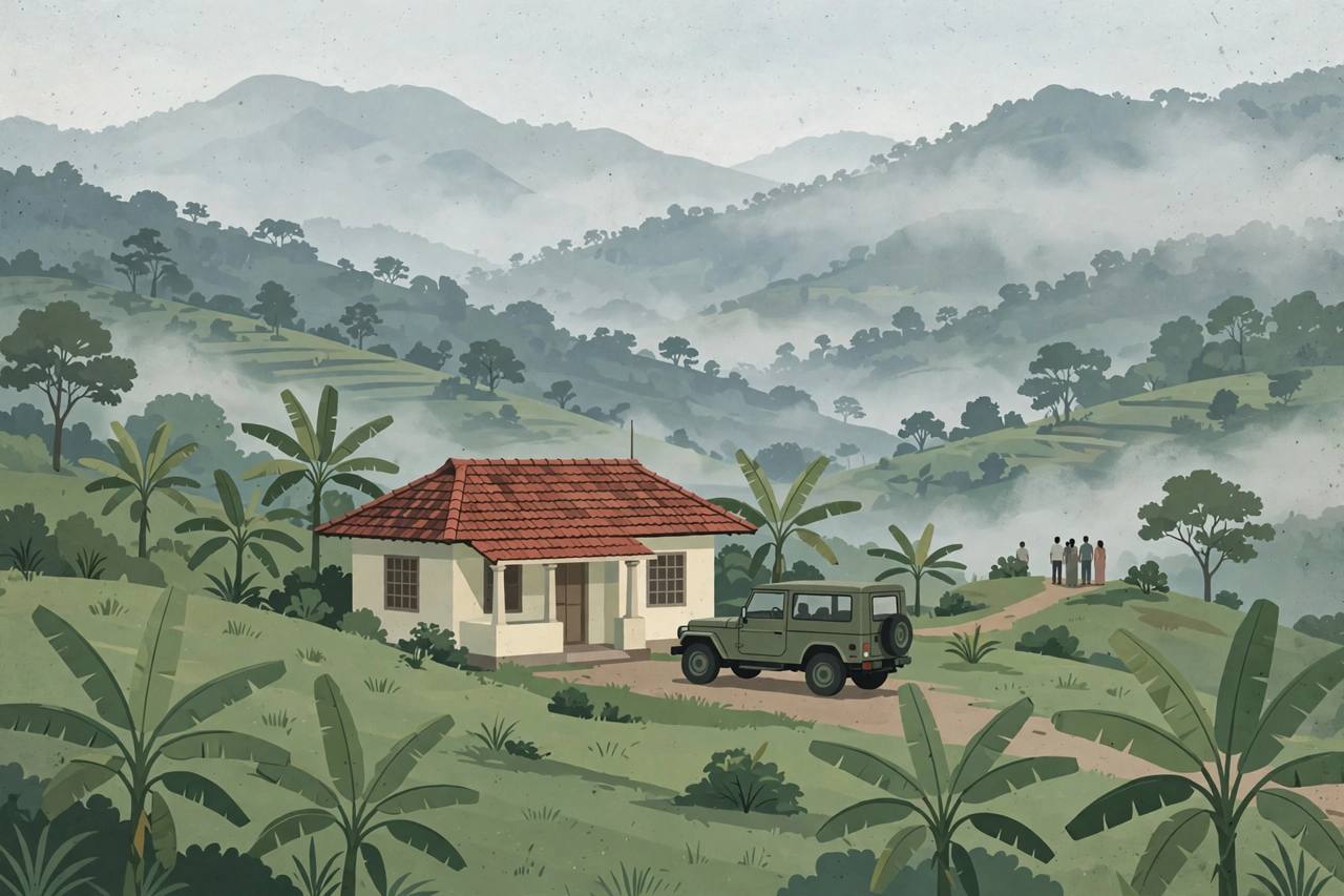 Editorial illustration of a small post office in the Idukki hills of Kerala with a police jeep parked outside on a quiet morning