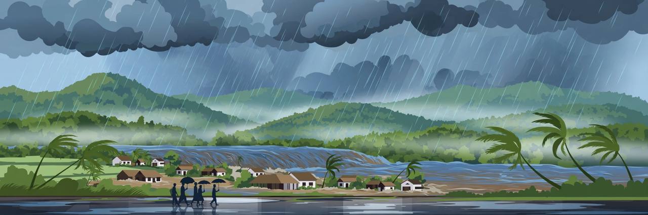Editorial illustration of torrential monsoon rain over green hills, a swollen river and palm trees bending in the wind in Kerala
