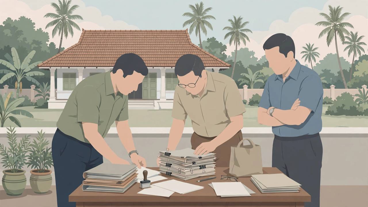 Editorial illustration of vigilance officers examining contract files at an office in Kannur, Kerala