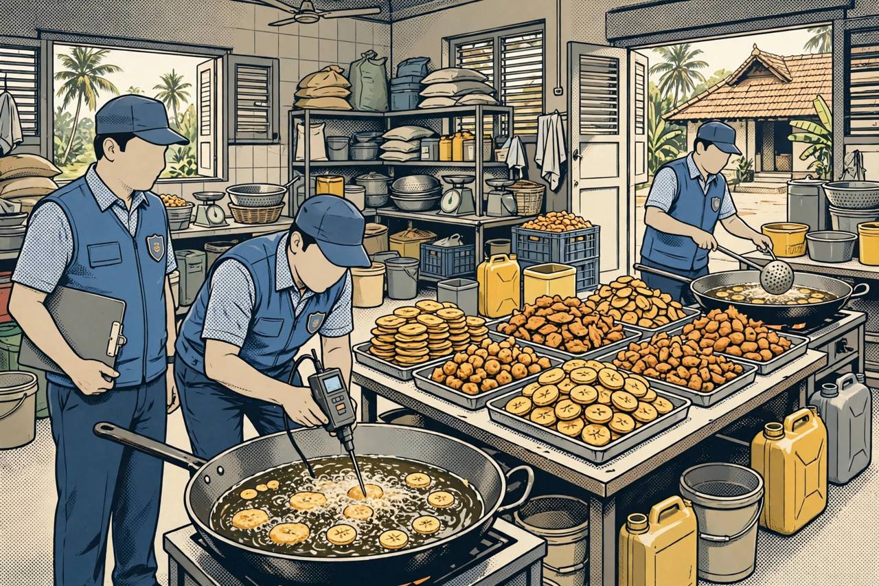 Editorial illustration of food safety inspectors testing cooking oil at a snack-making unit in Kerala, with trays of fried snacks nearby