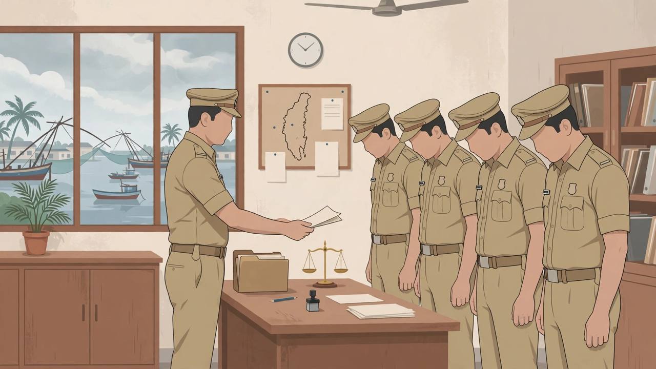 Editorial illustration of four police officers standing with heads bowed as a senior officer hands over a suspension order in a Kochi police office
