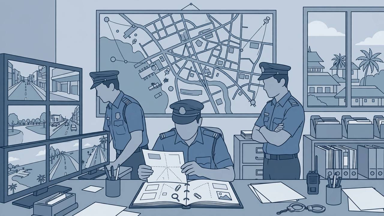 Editorial illustration of police investigators in a crime branch office reviewing CCTV footage on monitors and examining a case file, with a city road map on the wall