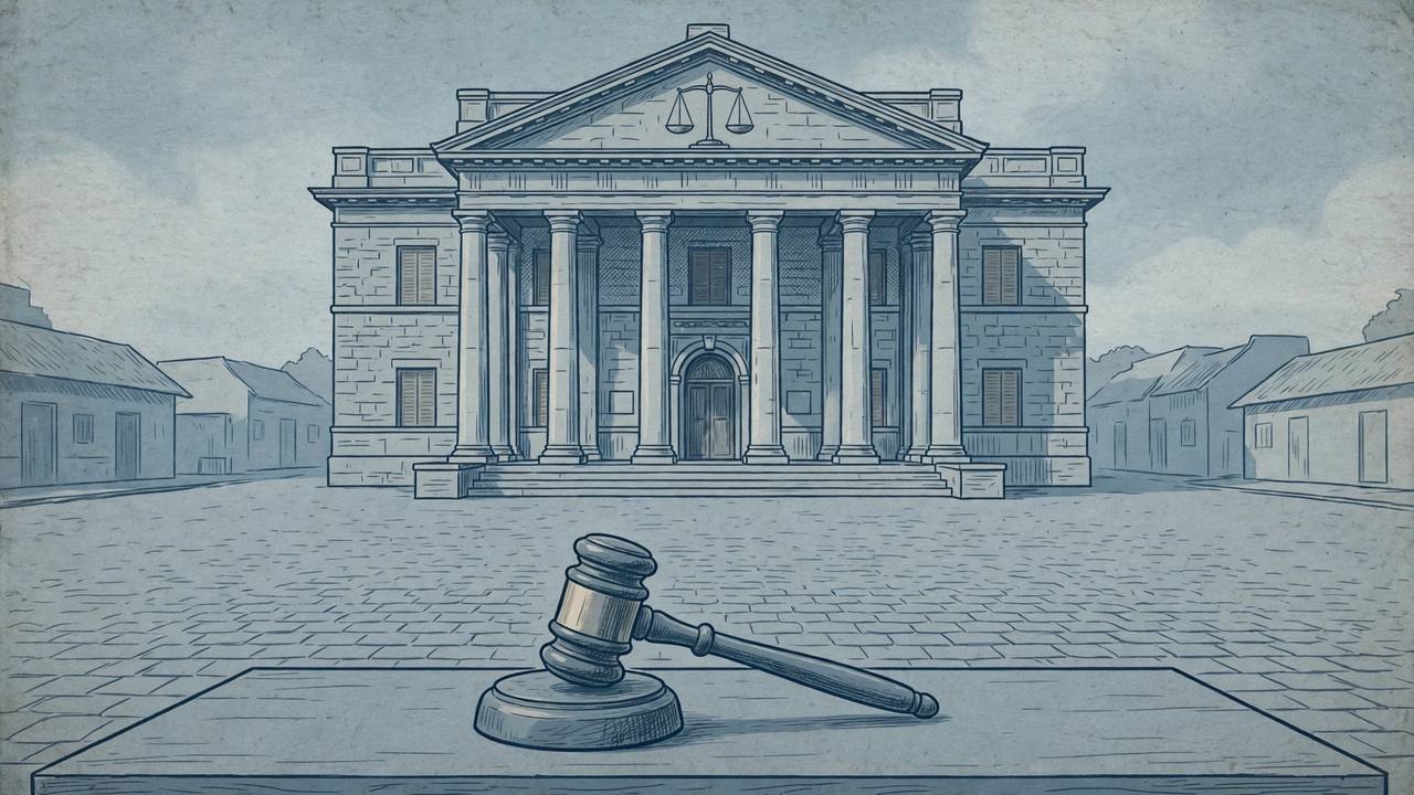 Editorial illustration of a courthouse with a scales-of-justice emblem and a gavel