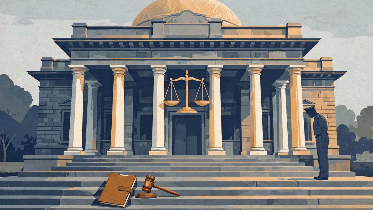 Editorial illustration of a courthouse with a scales-of-justice emblem, a gavel and a case file on its steps