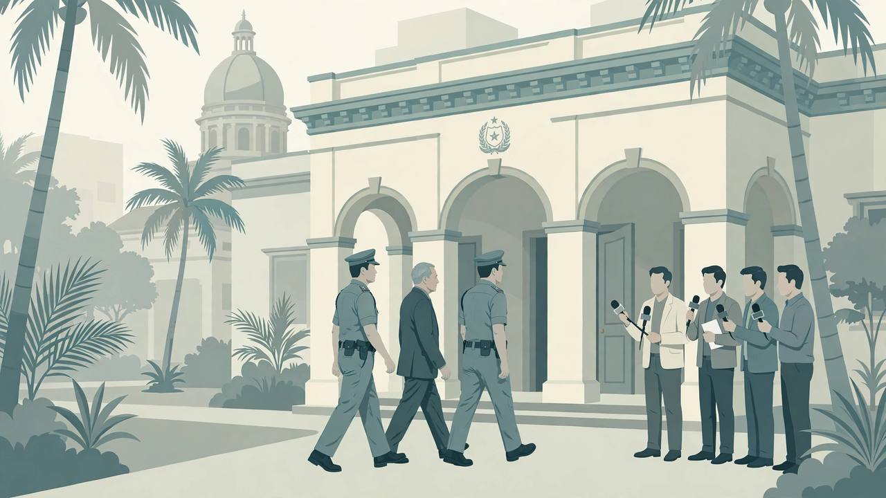 Editorial illustration of a man in formal clothes walking between two police officers into a Kerala police building while reporters wait outside