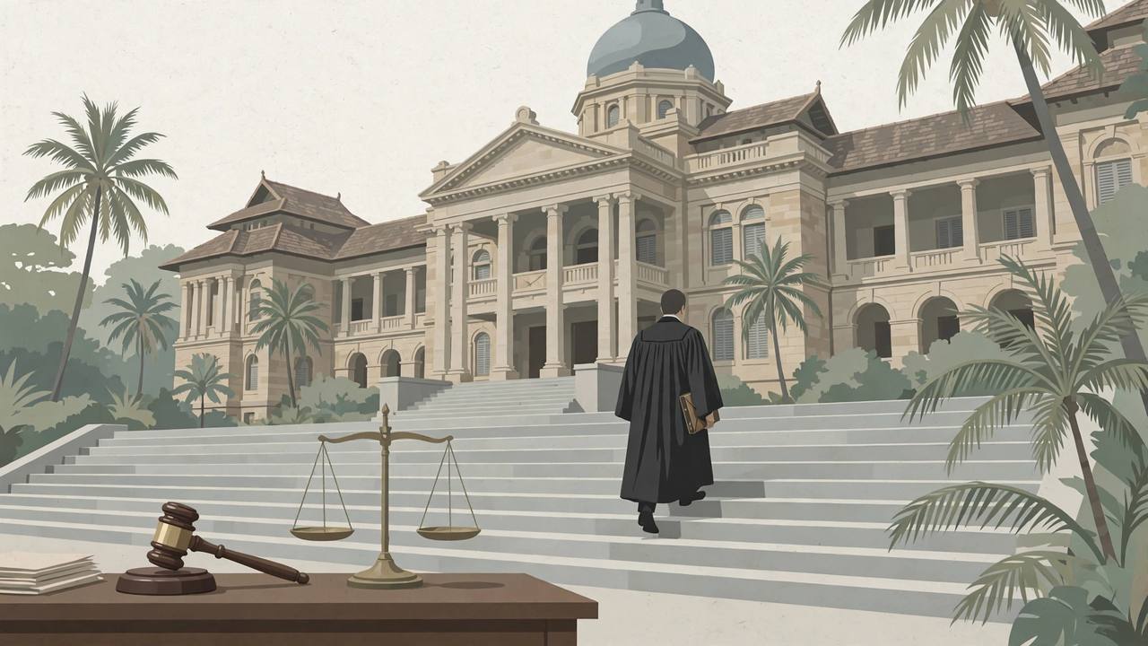 Editorial illustration of a judge figure carrying a sealed case file up the steps of a high court building in Kochi
