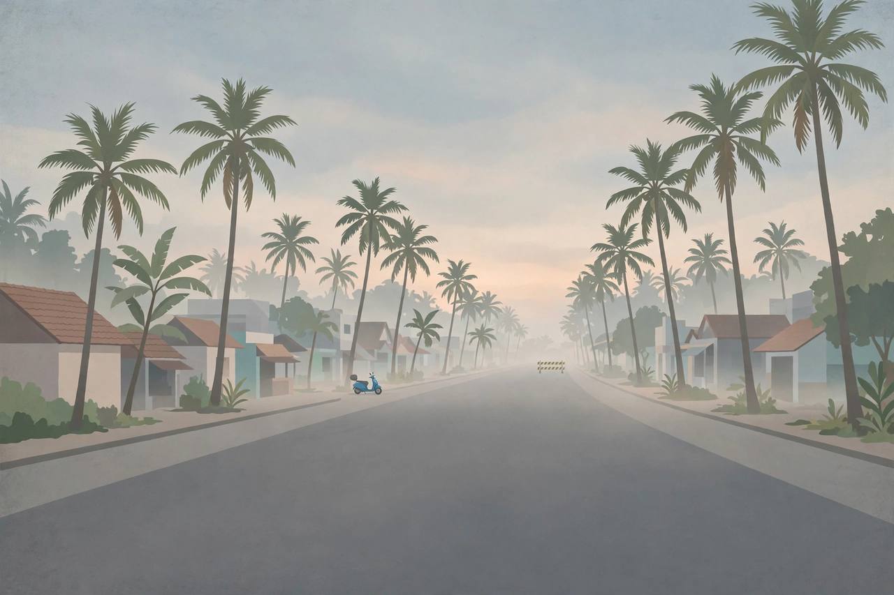 (Editorial illustration) A quiet Kochi road at dawn with a police barricade in the distance