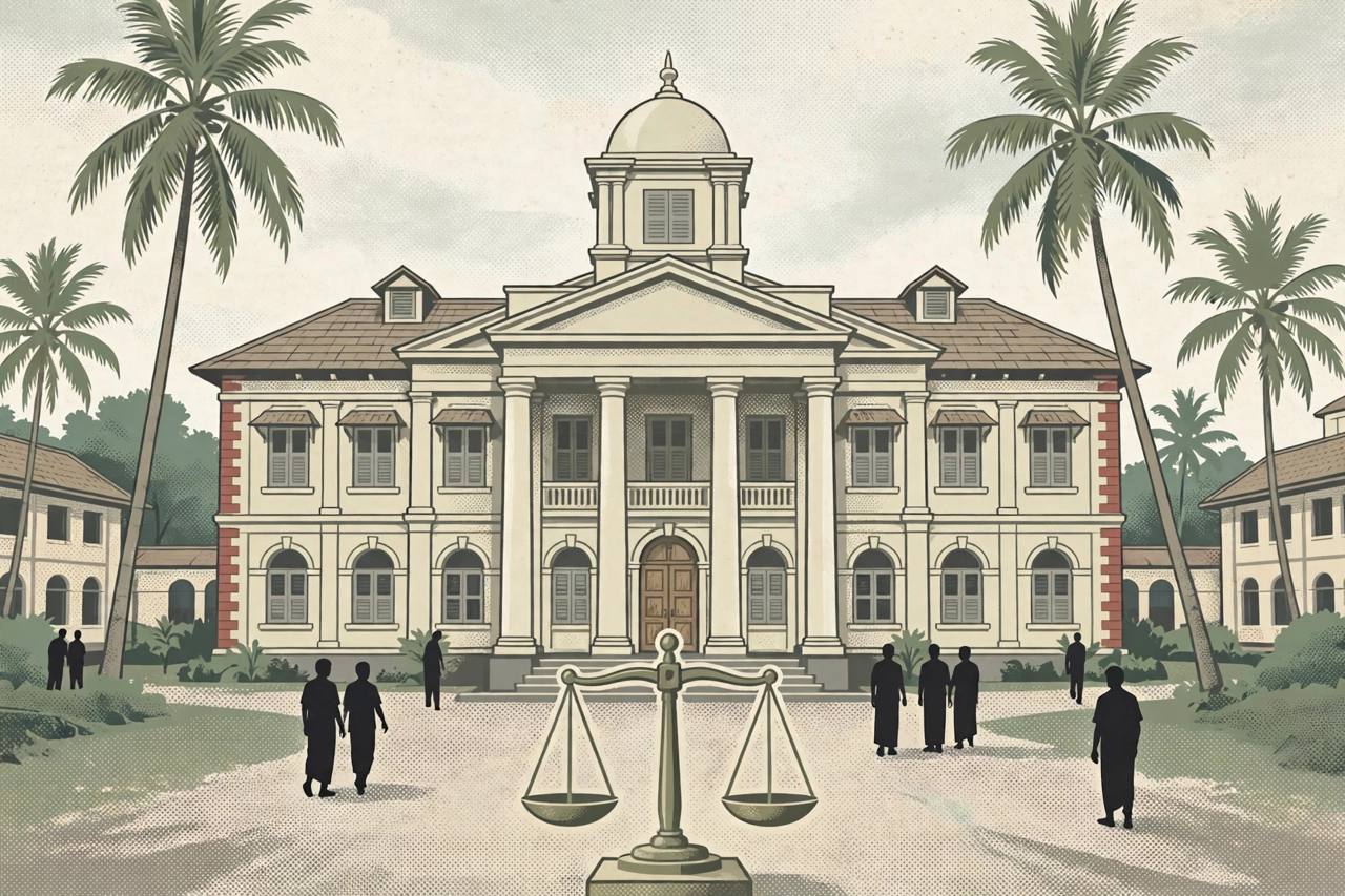 Editorial illustration of a district sessions court building in Kochi with palm trees, after bail was denied in the Cheranalloor fatal crash case