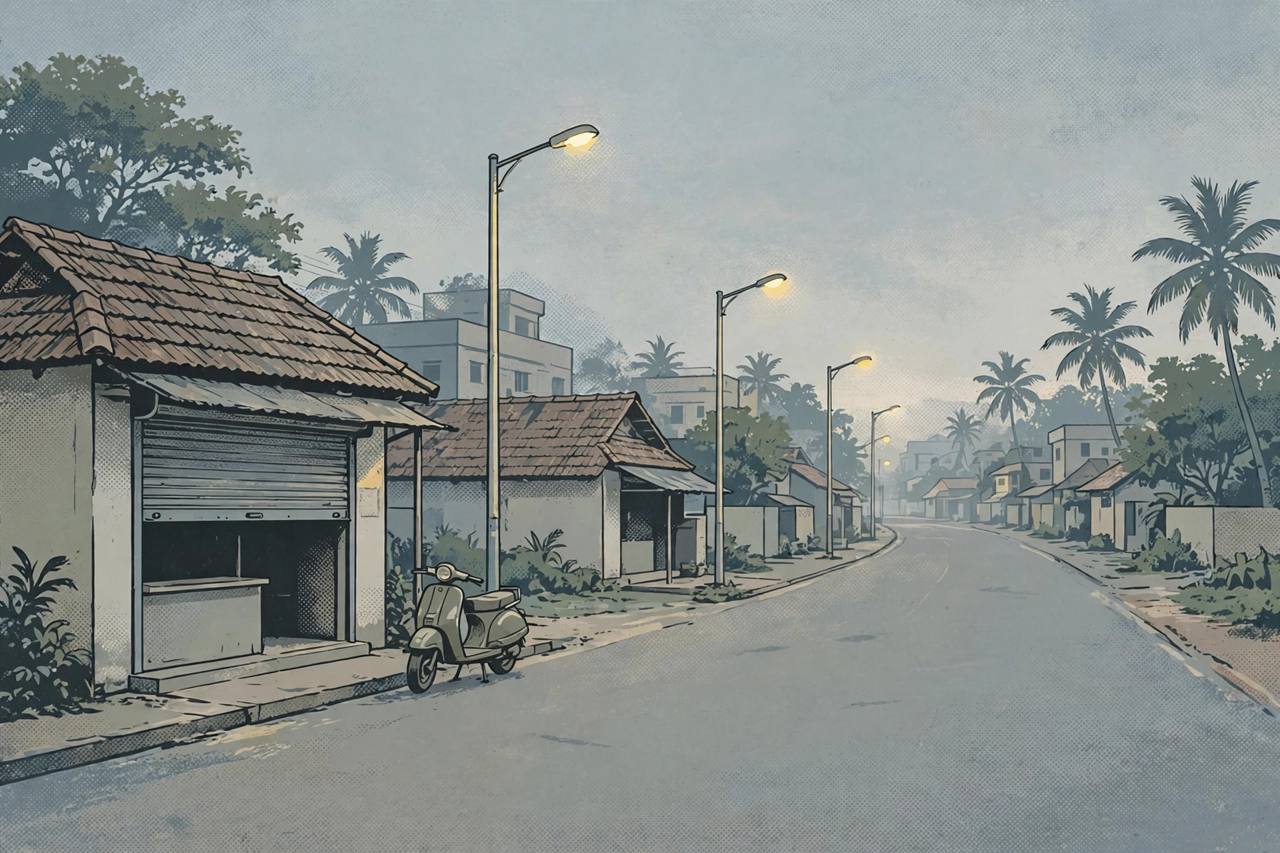 (Editorial illustration) A quiet pre-dawn road in Kochi with a closed roadside eatery and a parked scooter