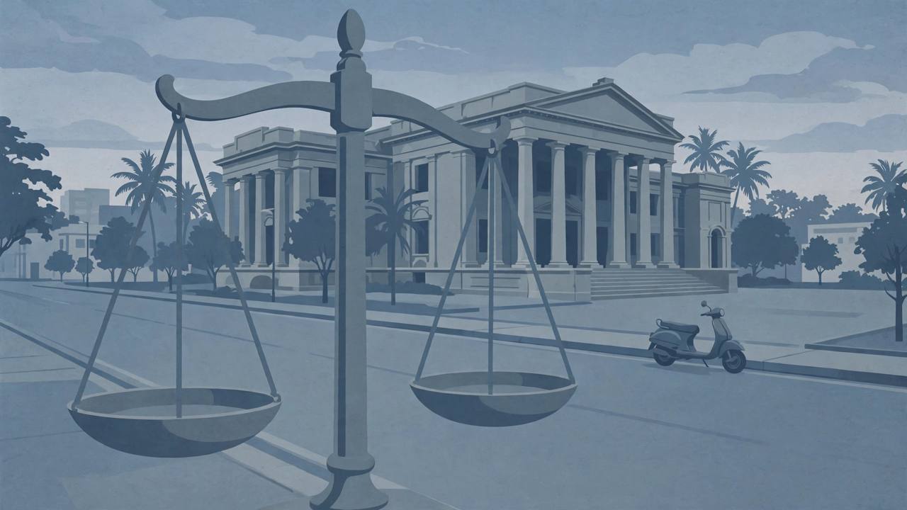 Editorial illustration of justice scales in front of a courthouse, with a parked scooter beside an empty road