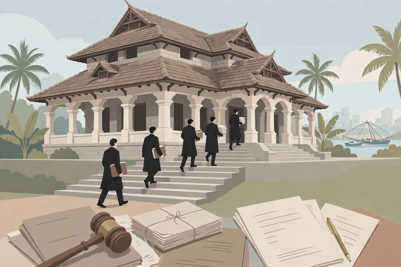 Editorial illustration of a courthouse in Kochi with generic lawyers carrying legal files