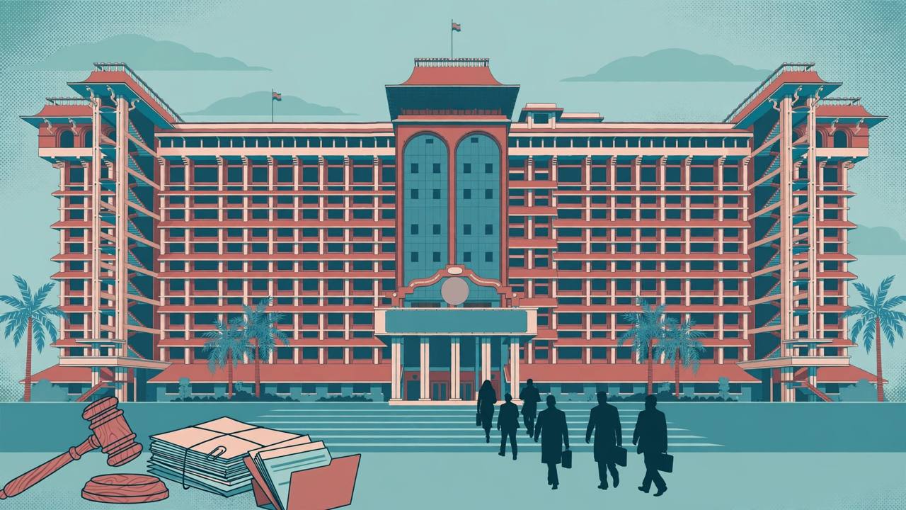 Editorial illustration of the Kerala High Court building in Kochi with a gavel and legal files in the foreground