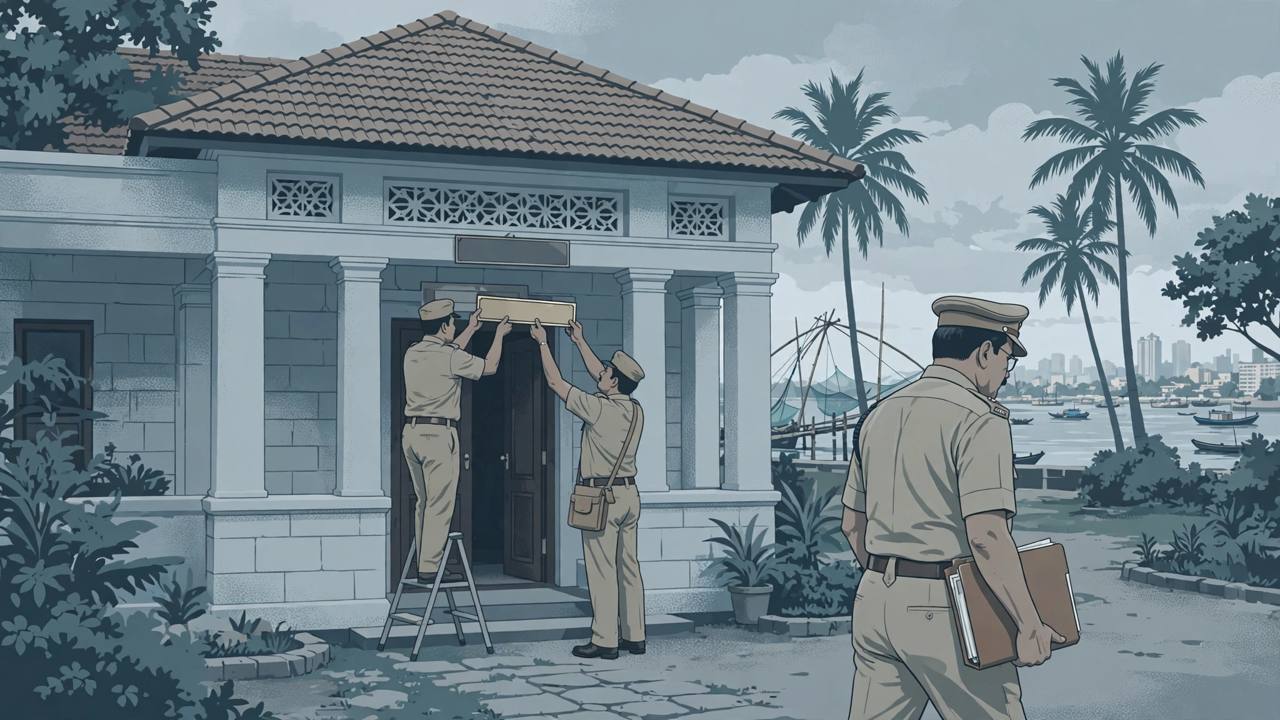 Editorial illustration of a police commissioner's office entrance in Kochi where a nameplate is being taken down as a senior officer leaves with a transfer file
