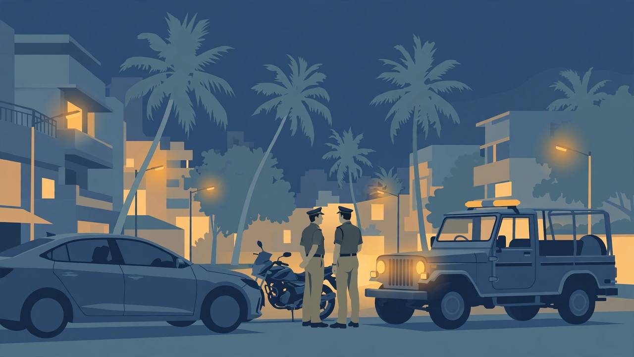 (Editorial illustration) Police officers beside a police jeep and a stopped car during a night vehicle check in Kochi