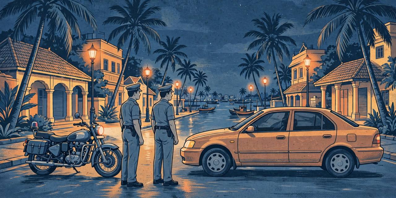 Editorial illustration of a police anti-narcotics interception on a Kochi street at night