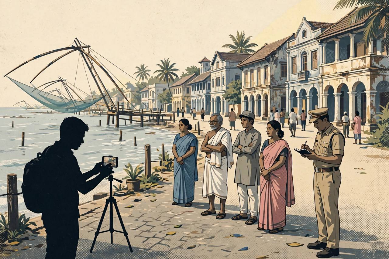 (Editorial illustration) A Fort Kochi street with Chinese fishing nets, where a generic vlogger films as a police officer takes notes