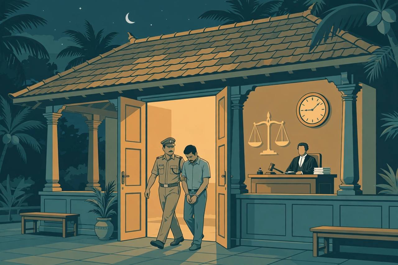 (Editorial illustration) A Kerala courthouse at night with doors open and warm light, a police officer bringing an arrested man promptly before a magistrate, a large clock behind them