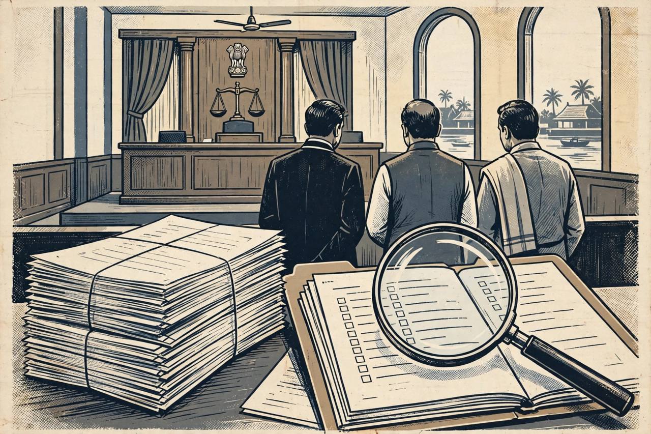 Editorial illustration of examination answer scripts and a file under a magnifying glass in a Kochi courtroom
