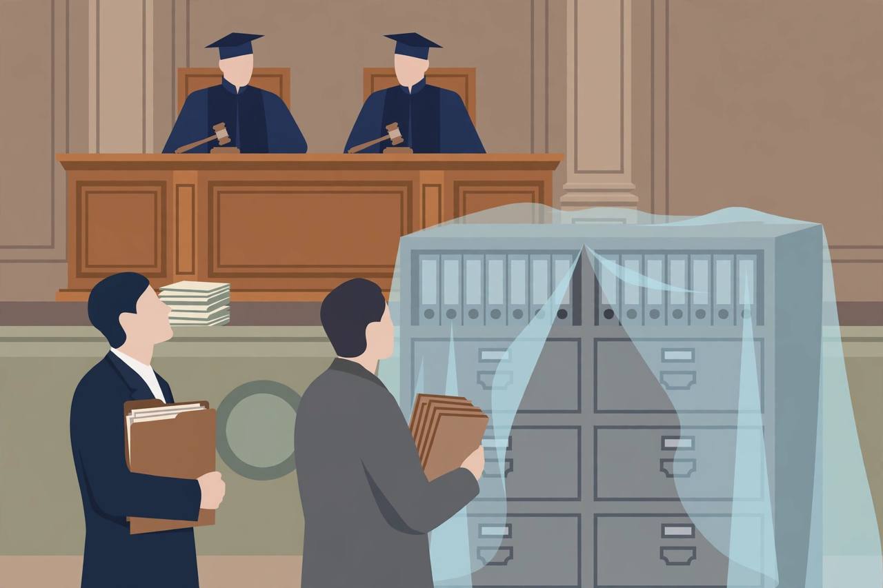 Editorial illustration of a high court courtroom with generic judges and lawyers and a veiled government file cabinet symbolising vigilance bureau records
