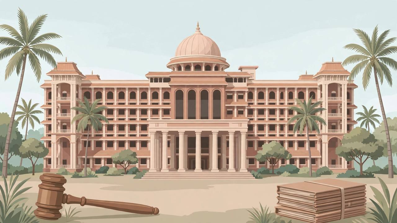 Editorial illustration of a grand high court building with columns and palm trees in Kochi, with a gavel and a stack of legal files in the foreground
