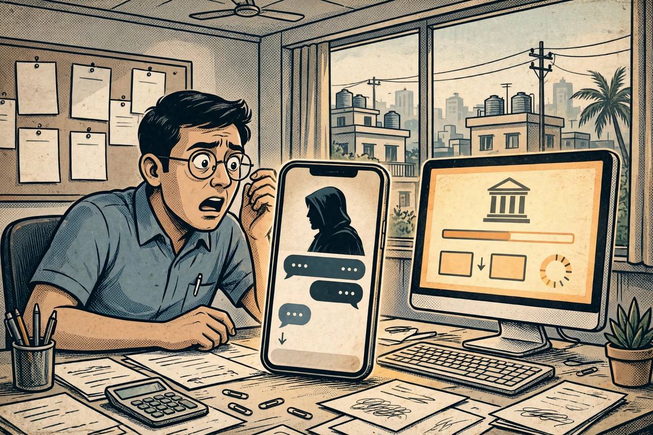 (Editorial illustration) An accounts employee staring in shock at a phone showing a messaging chat with a hooded silhouette, beside a computer showing a bank transfer
