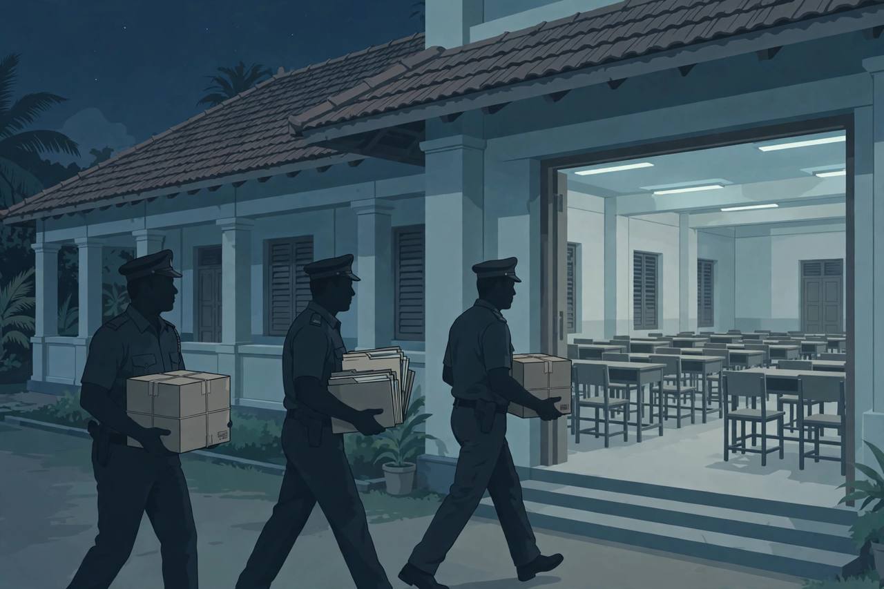 Editorial illustration of investigators carrying sealed boxes of examination answer scripts out of a government office building at night