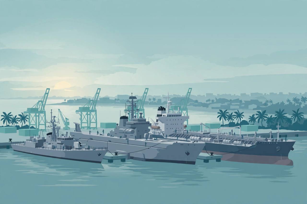 Editorial illustration of three naval ships docked at Kochi port