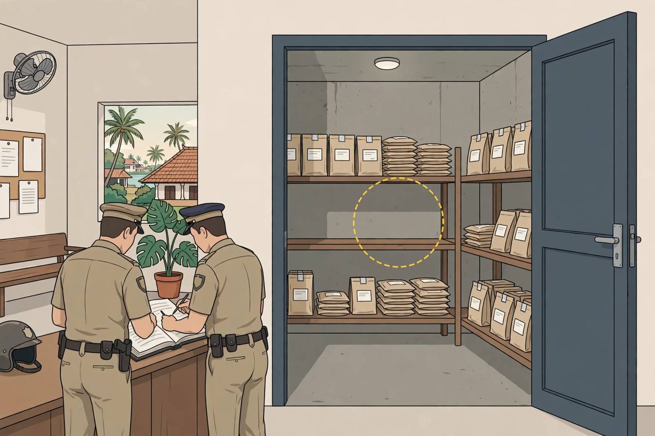 Editorial illustration of police officers examining an evidence register outside an open strong room with sealed packets on shelves in Kochi