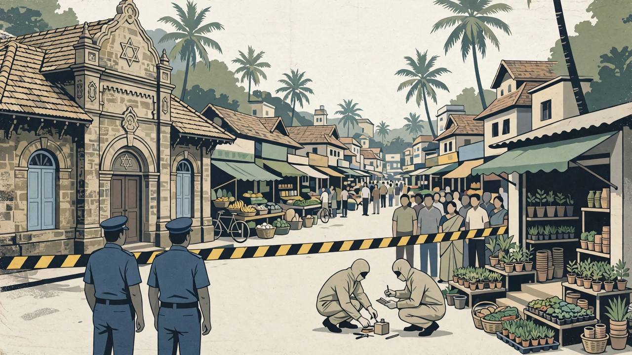 (Editorial illustration) Police investigation cordon outside a historic synagogue in an Ernakulam market street, Kochi, with generic investigators at work
