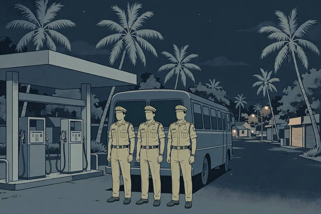 Editorial illustration of police officers standing protectively in front of a private bus near a petrol pump at night in Kochi, Kerala