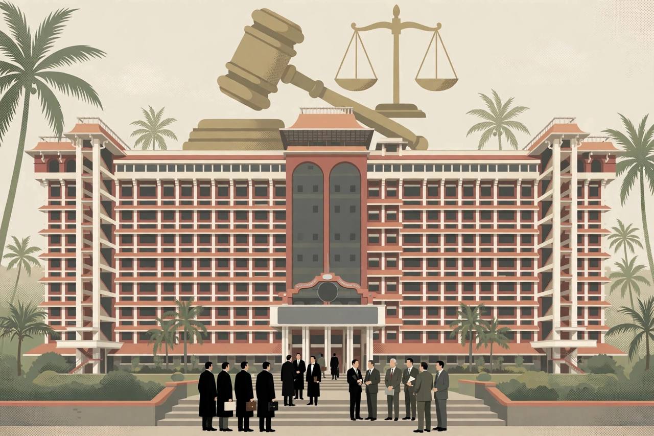 (Editorial illustration) A high court building in Kochi with generic lawyers and board members on its steps, a gavel and scales of justice above