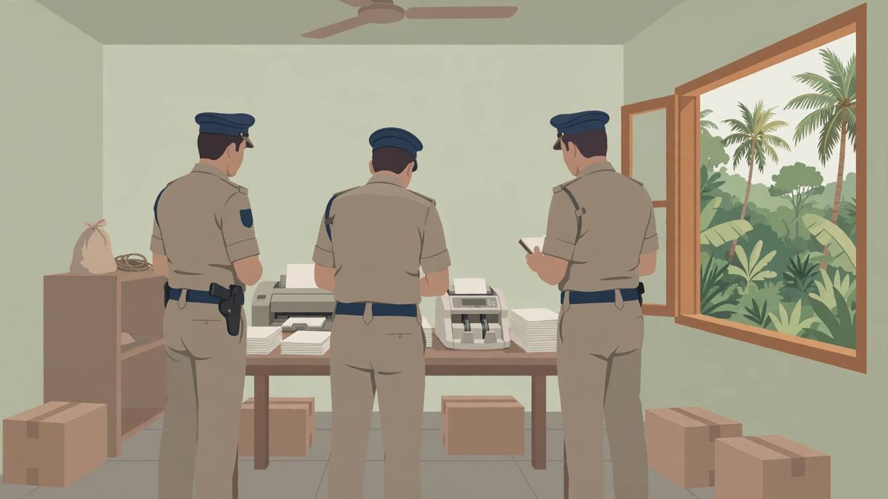 Editorial illustration of police officers examining a seized printer, paper stacks and a currency-counting machine inside a house in Kerala