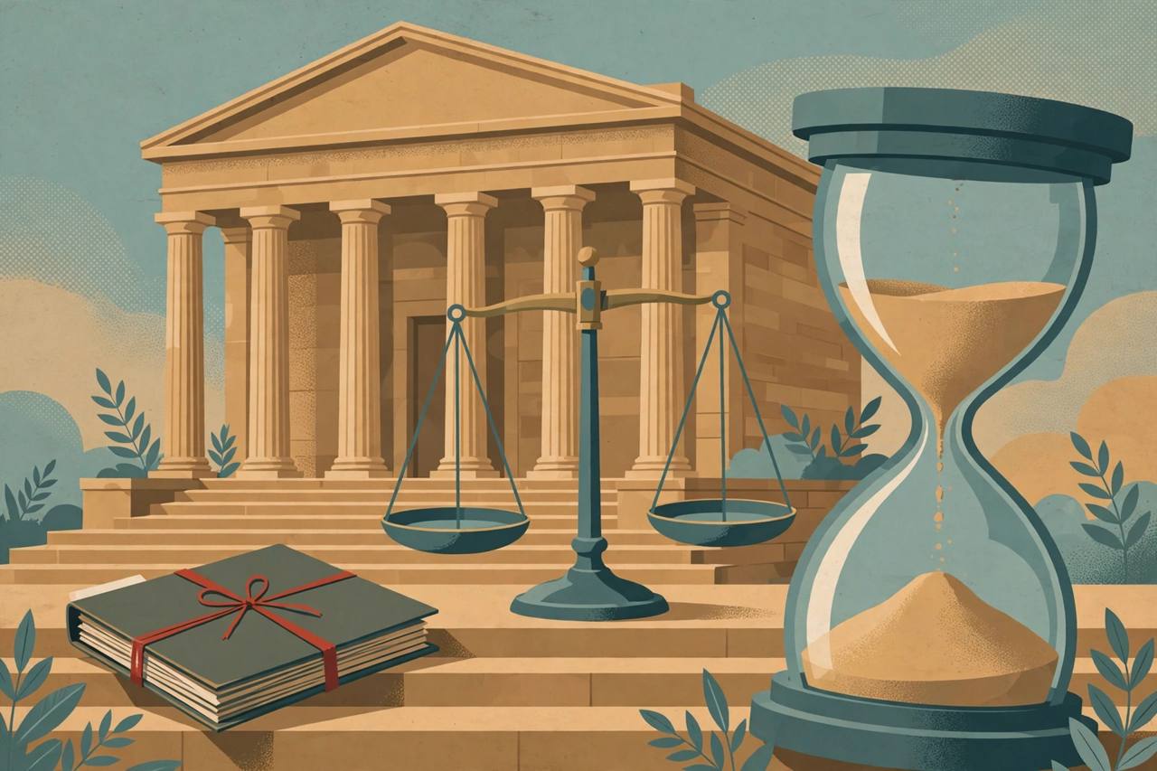 (Editorial illustration) A courthouse with scales of justice and an hourglass
