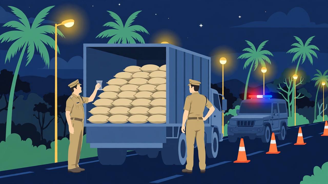 Police officers inspect sacks in an open lorry at a night highway checkpoint in Kerala (Editorial illustration)