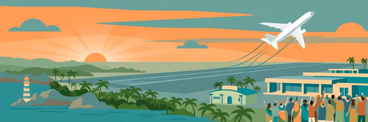 Editorial illustration of a passenger jet taking off at dawn from a coastal Kerala airport as generic onlookers wave from the terminal side