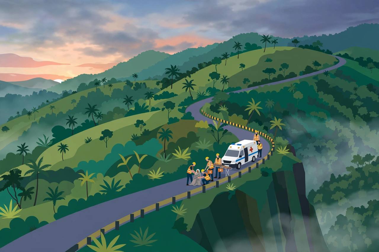 Editorial illustration of rescuers and an ambulance on a winding hill road above a gorge at Kakkadampoyil in Kozhikode district