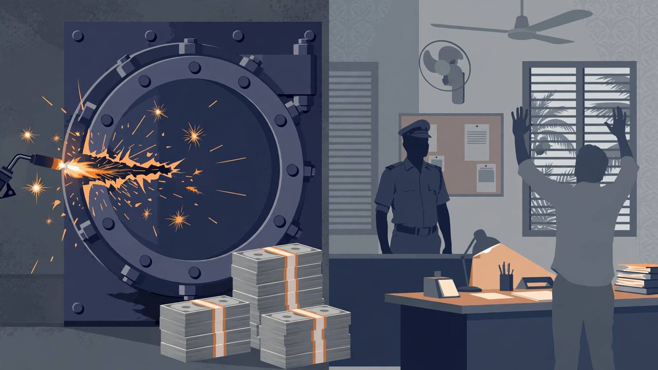 Editorial illustration of a strongroom vault door cut open with a gas cutter, stacks of currency beside it, and a generic figure surrendering at a Kerala police station desk