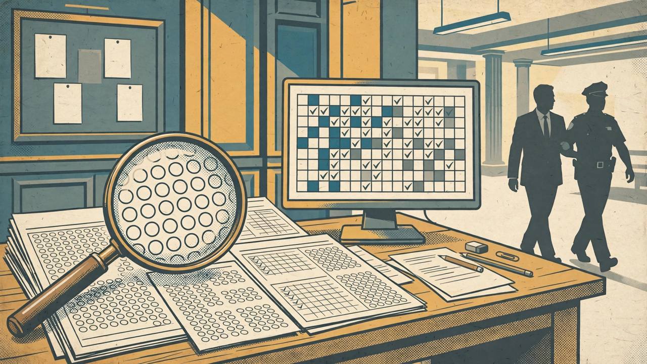 Editorial illustration of an examination desk with answer sheets, an on-screen marking monitor and a generic official being led away by police in Kerala