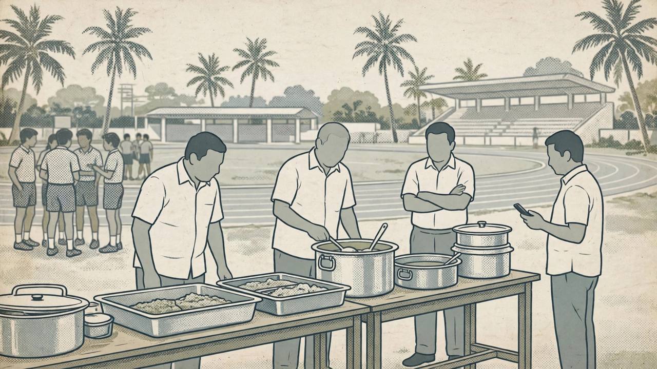 Editorial illustration of officials inspecting food trays and cooking pots at a school sports meet venue in Kozhikode, with students near an athletics track in the background