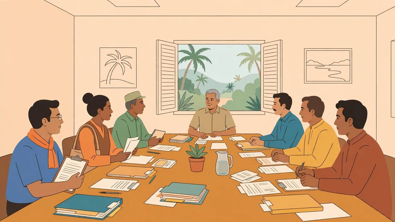 Editorial illustration of generic trade union representatives and officials seated around a meeting table with files, flat style, no text, no real person depicted