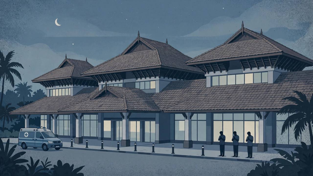 (Editorial illustration) Nedumbassery airport terminal at night with an ambulance and people standing quietly