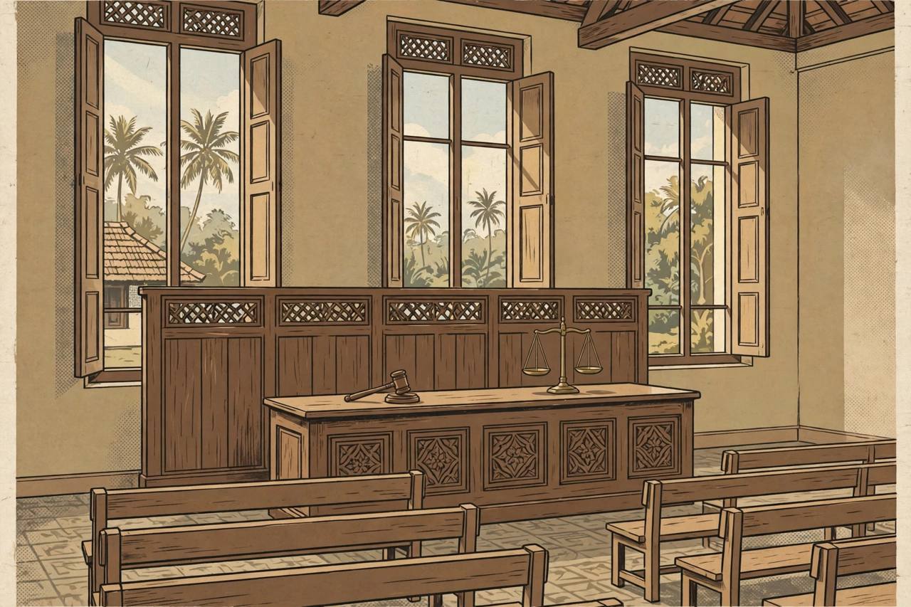 Editorial illustration of an empty Kerala courtroom with a gavel and scales of justice