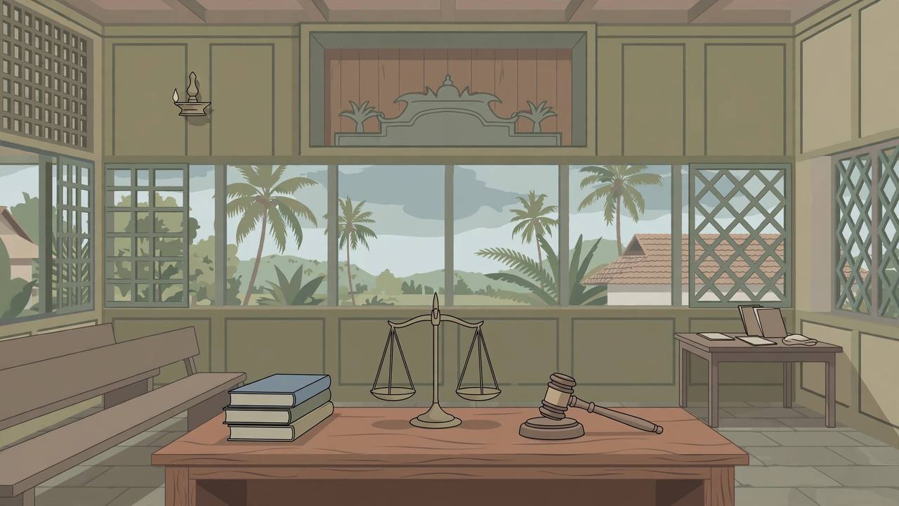 Editorial illustration of an empty Kerala courtroom with a gavel and scales of justice