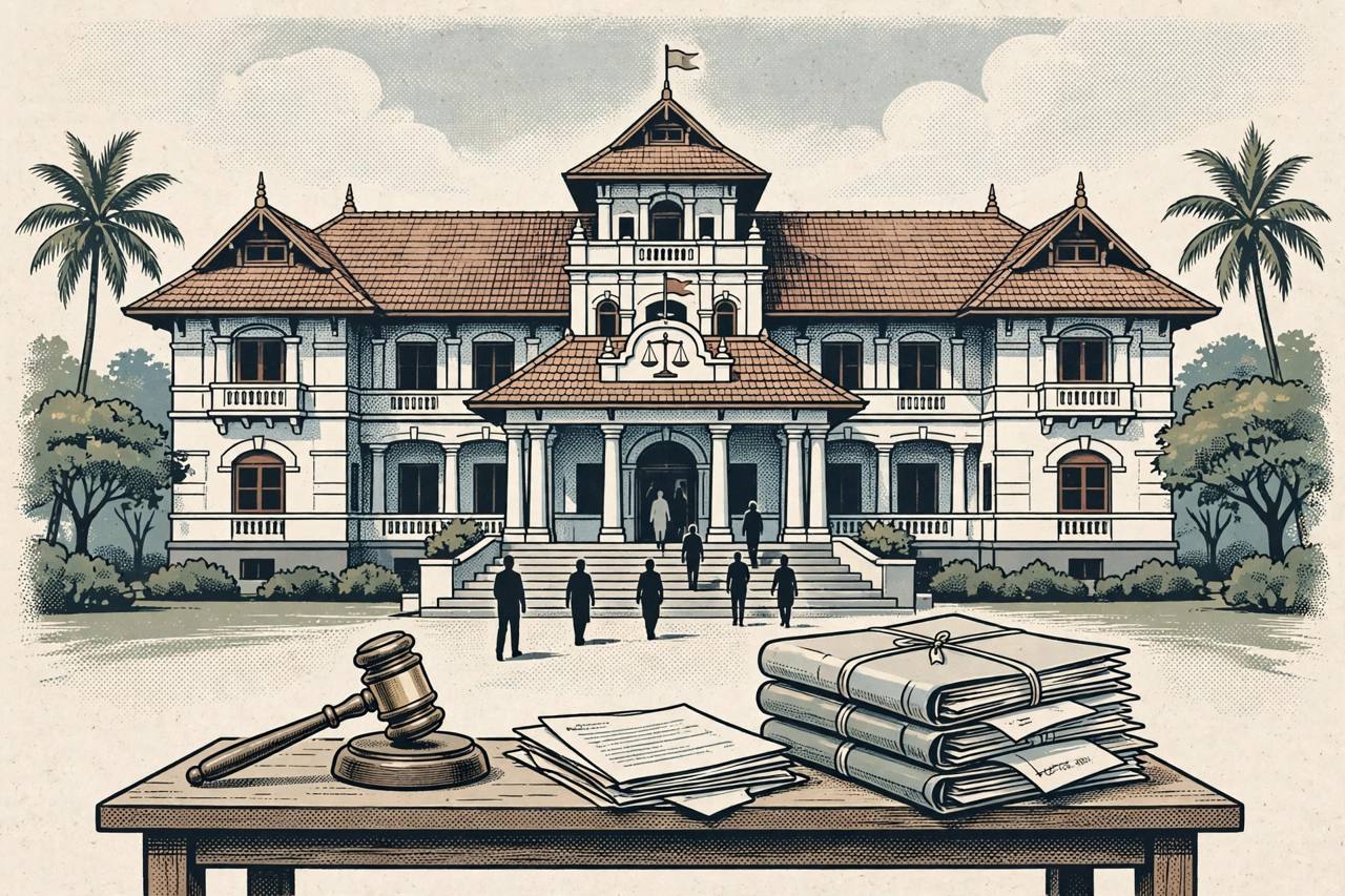 Editorial illustration of a Kerala courthouse with a gavel and legal files, after a sessions court denied bail in the Nedumbassery Mini Cooper crash case