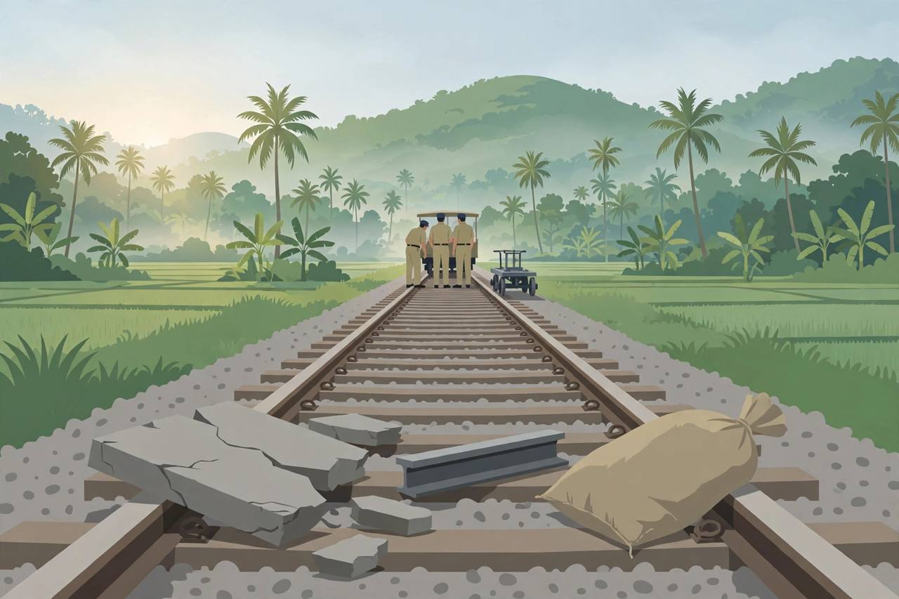 Editorial illustration of a railway track in Palakkad, Kerala, with a concrete slab, a piece of rail and a cement sack lying across the tracks as railway personnel inspect the line in the distance