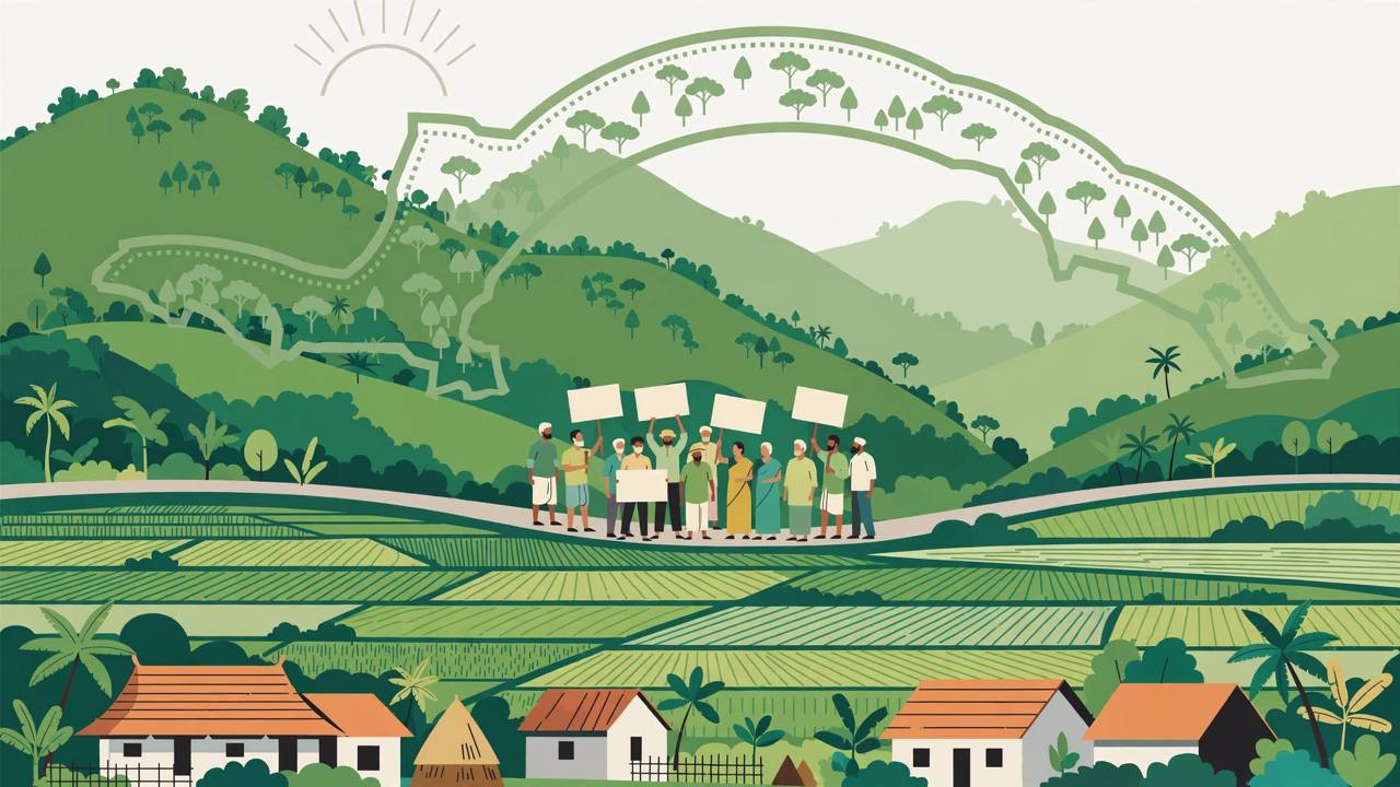 Editorial illustration of farming villages at the foot of the Western Ghats in Kerala, with villagers holding blank placards in a peaceful protest beside paddy fields