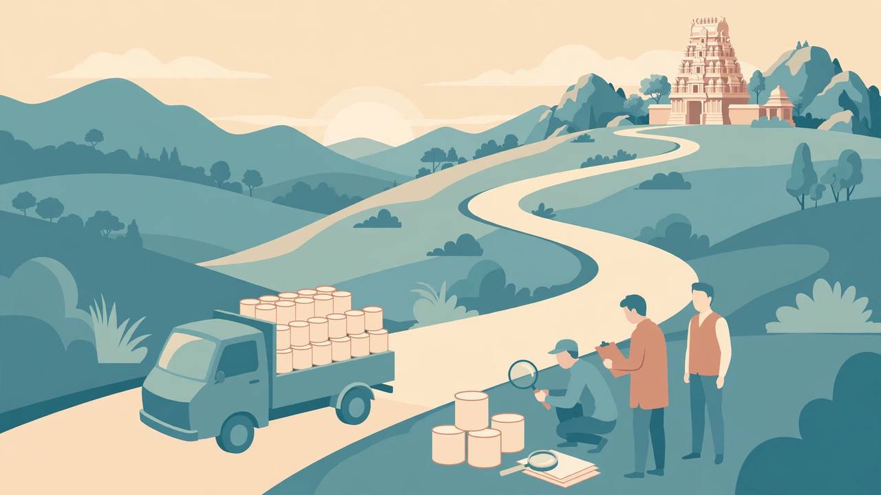 A transport truck carrying cans of ghee on a hill road to a temple while officials examine cans and documents (Editorial illustration)
