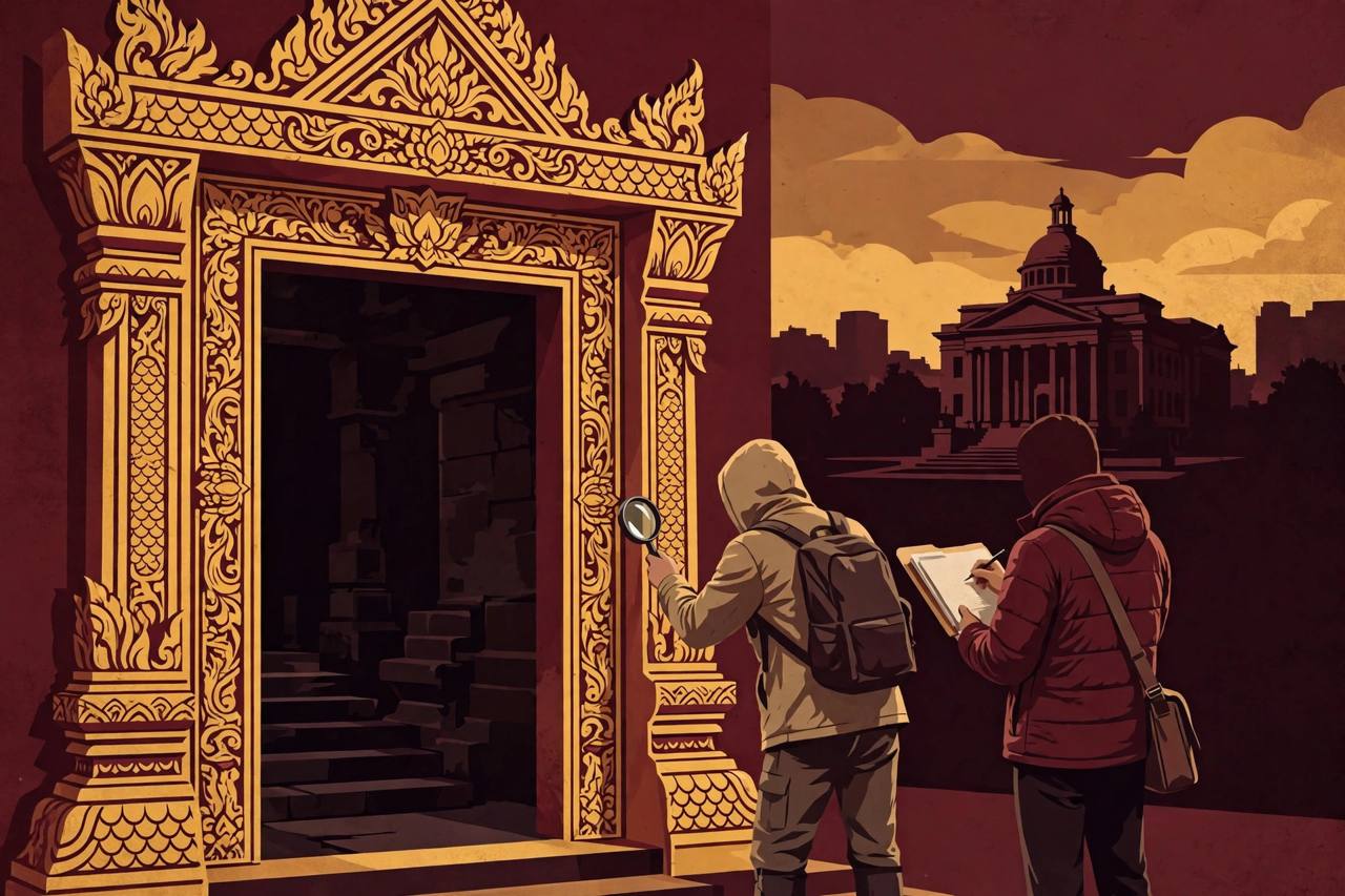 Editorial illustration of investigators examining an ornate gold temple doorframe with a magnifying glass and case file, with a courthouse in the background